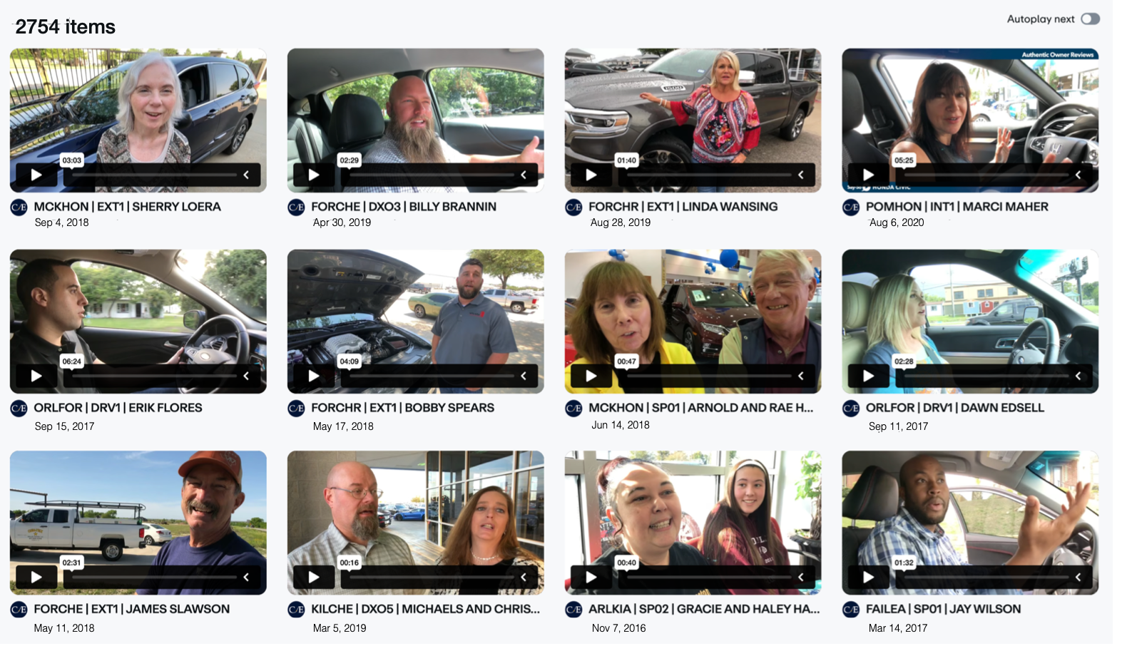 Customer evidence archive showing 2,754 documented video items