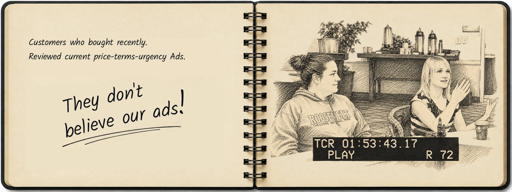Research Notebook spread 1: They don’t believe our ads!